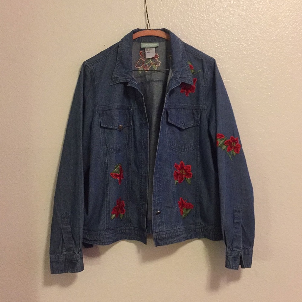 Stylish red floral denim top